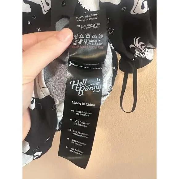 Hell Bunny L Black White Unicorn Print Puff Sleeve Blouse NWT Gothic Fairycore - Picture 2 of 6